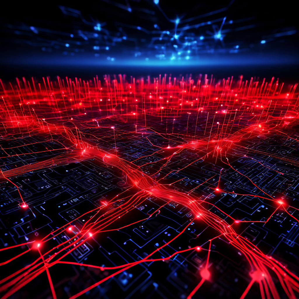 디지털 네트워크 맵에서 단일 붉은 노드의 장애로 데이터 패킷 흐름이 정체되는 네트워크 병목 현상을 시각적으로 표현한 개념도입니다.