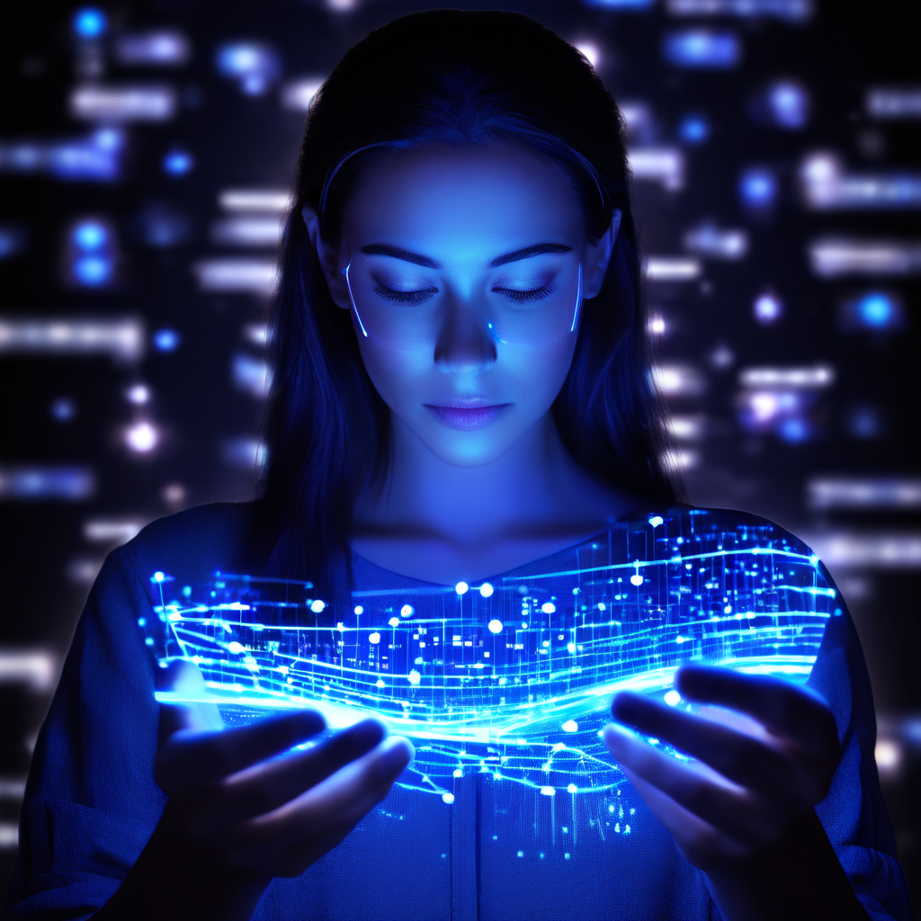 디지털 계약서를 깊이 있게 이해하며 주의 깊게 검토하는 모습을 상징적으로 표현한 이미지로, 데이터 흐름이 눈으로 전달되는 모습이 단순한 동의보다 진정한 이해의 중요성을 보여줍니다.