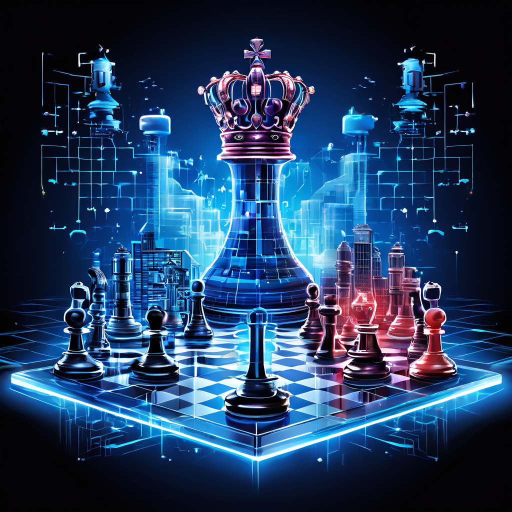 데이터 생산과 분석의 조화를 상징하는 분할된 체스보드에서 한쪽은 데이터 큐브를 생산하는 공장, 다른 쪽은 빛나는 데이터 스트림을 해석하는 분석가들이 있으며 중앙에는 왕관이 떠 있습니다.