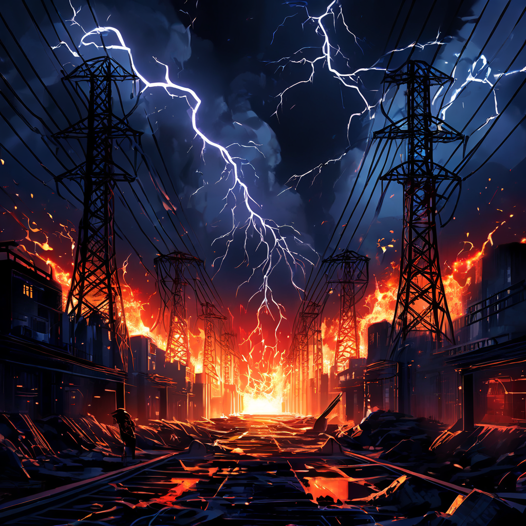 단 하나의 불꽃이 도시 전체를 강타하는 연쇄적 정전 사태를 촉발하며, 전력선이 끊어지고 변전소가 폭발하는 대규모 전력망 마비 상황을 보여주는 이미지입니다.