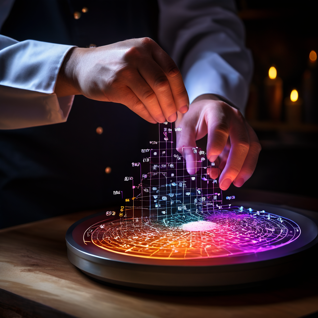 데이터 커스터마이징 개념을 상징적으로 표현한 이미지로, 요리사의 손이 알고리즘과 손실 함수 가중치를 각각 저울에 올려 정밀하게 균형을 맞추는 모습을 묘사합니다.