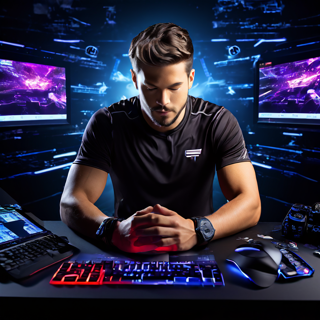 A documentary-style photograph of a professional esports player’s hands resting on a laptop keyboard, with a blurred gaming monito