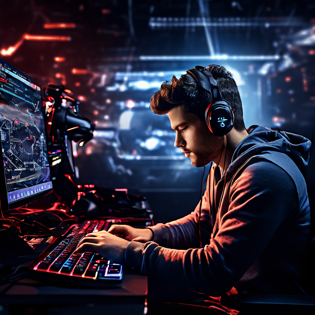 A tired esports player's hand rests on a mouse on a casino felt table, with blurred poker chips and a dark monitor in the backgrou