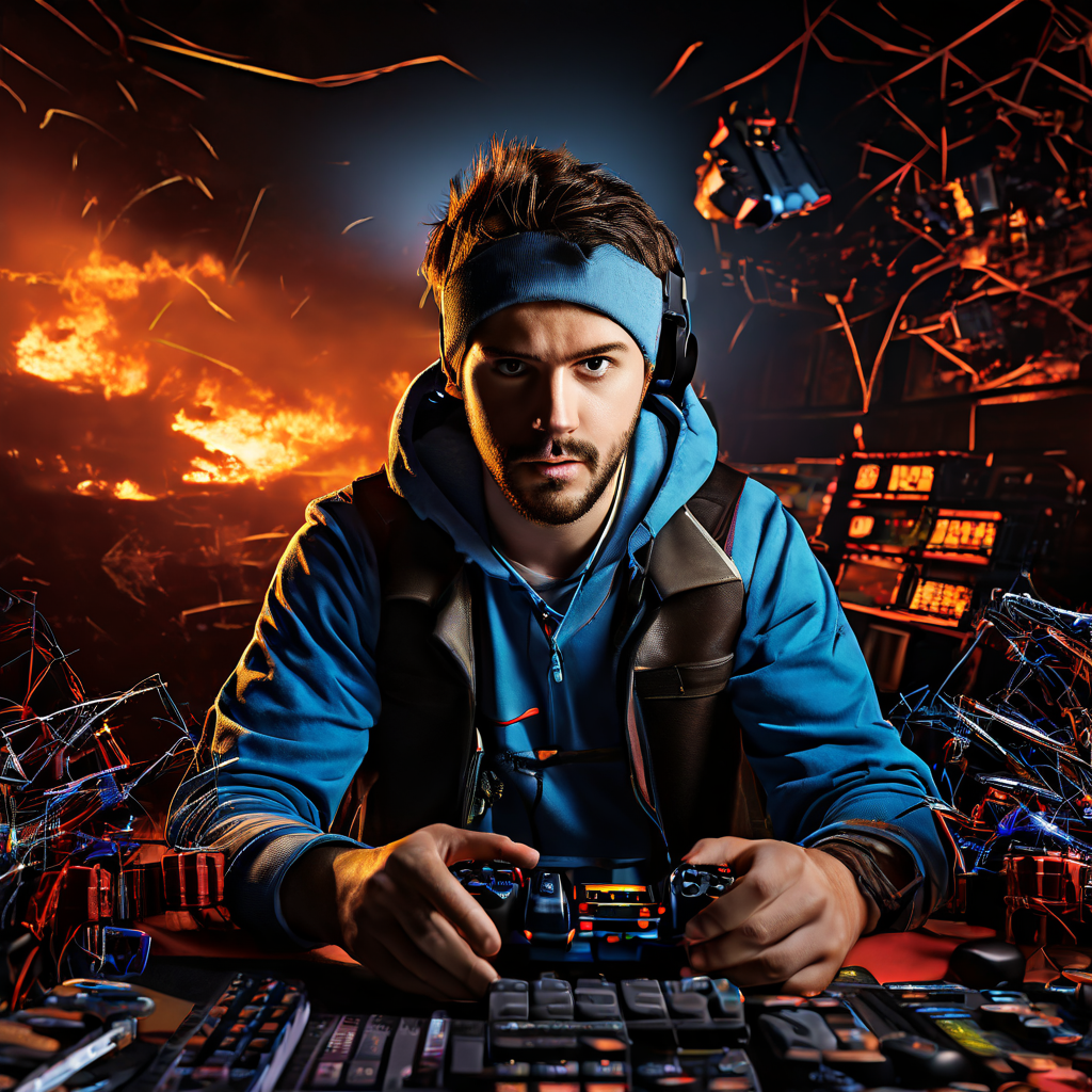 A photorealistic editorial photograph capturing a sudden interruption during a high-stakes gaming session, featuring a player's ha