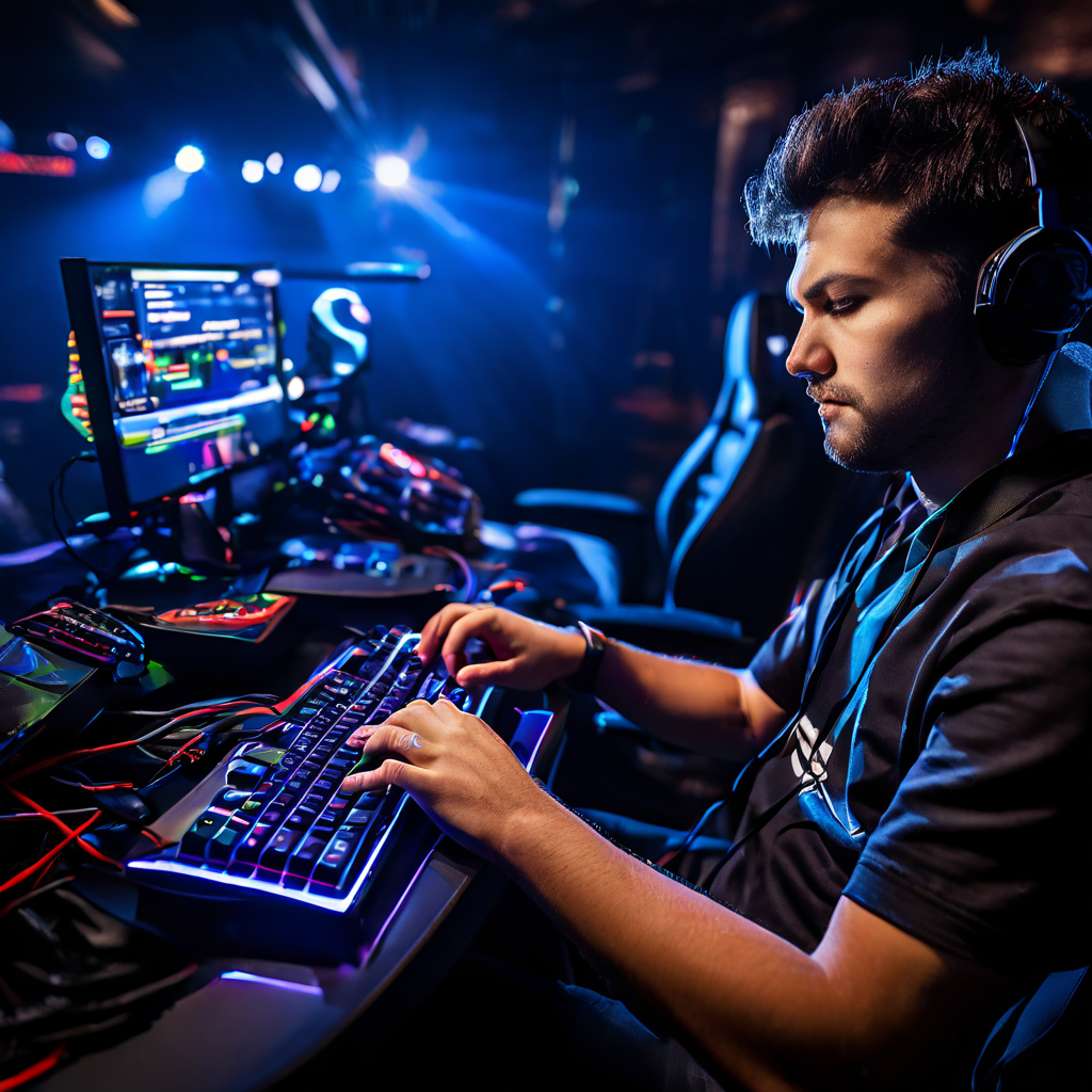 A professional e-sports player's hands rest on a mechanical keyboard and mouse on a dark gaming desk, with a blurred monitor in th